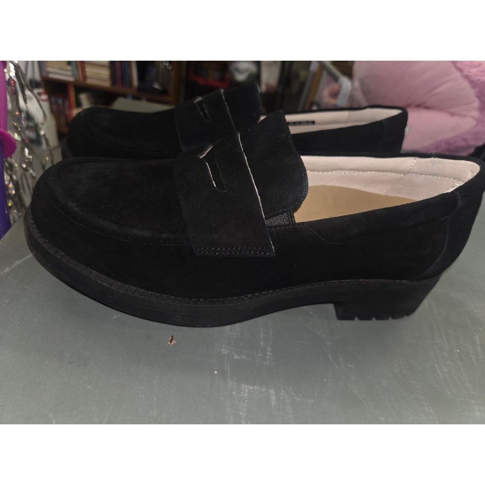 Revitalign Womens Black Suede Penny Loafers Lug Sole Slip On Shoes Size 9